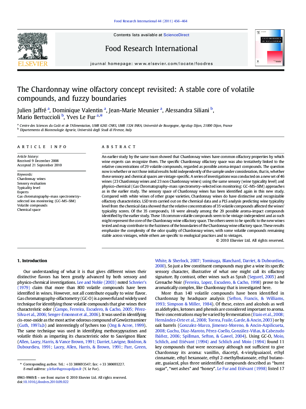 The Chardonnay wine olfactory concept revisited: A stable core of volatile compounds, and fuzzy boundaries