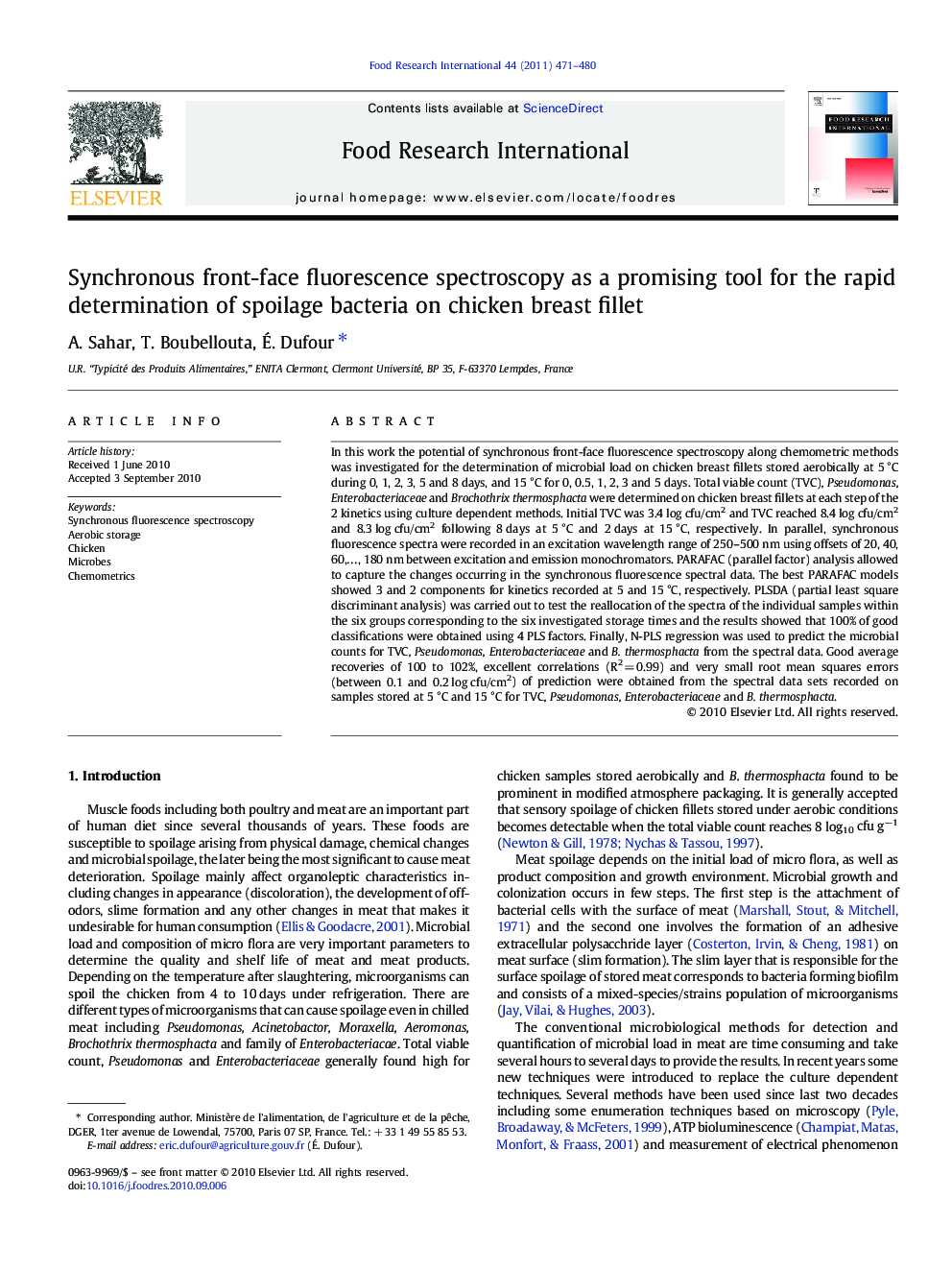 Synchronous front-face fluorescence spectroscopy as a promising tool for the rapid determination of spoilage bacteria on chicken breast fillet