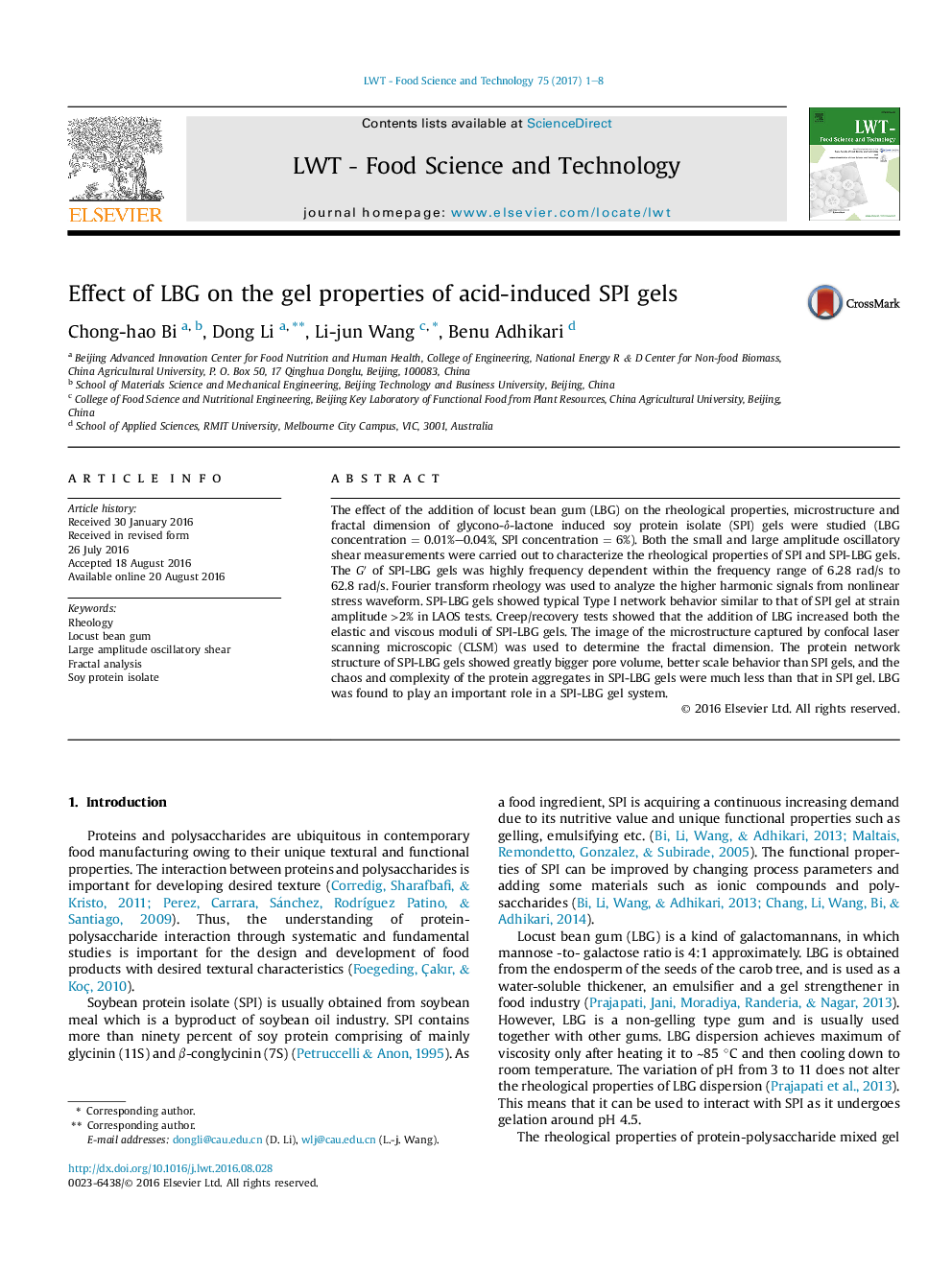 Effect of LBG on the gel properties of acid-induced SPI gels