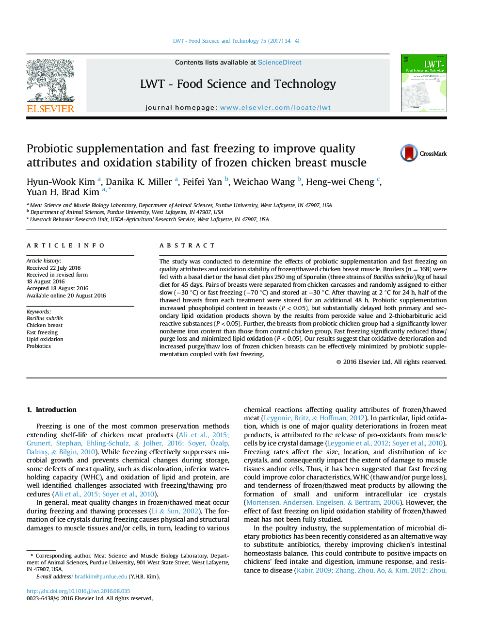 Probiotic supplementation and fast freezing to improve quality attributes and oxidation stability of frozen chicken breast muscle