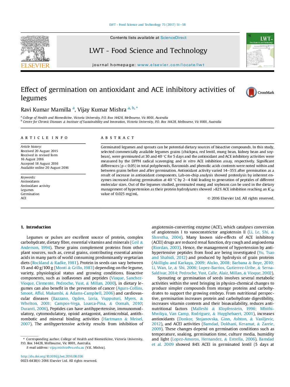 Effect of germination on antioxidant and ACE inhibitory activities of legumes