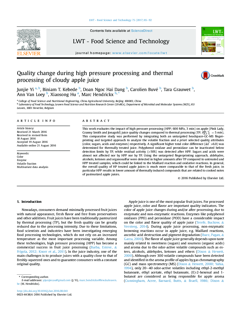 Quality change during high pressure processing and thermal processing of cloudy apple juice