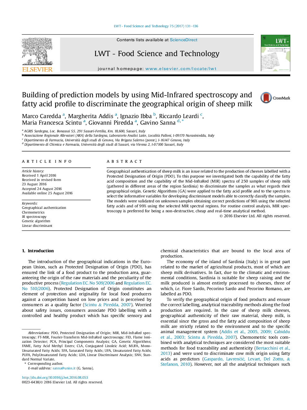 Building of prediction models by using Mid-Infrared spectroscopy and fatty acid profile to discriminate the geographical origin of sheep milk