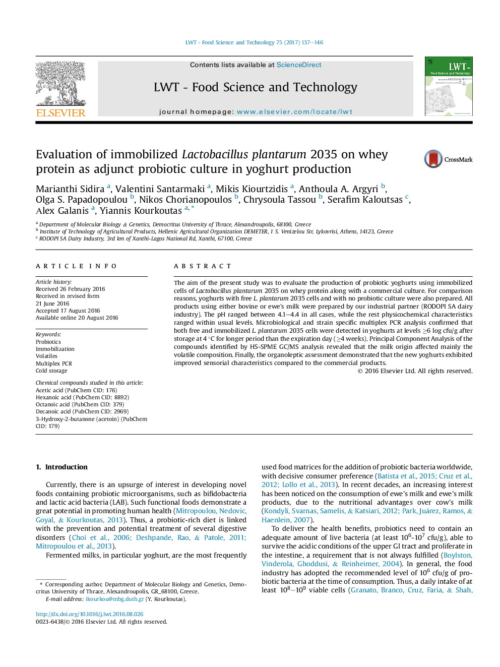 Evaluation of immobilized Lactobacillus plantarum 2035 on whey protein as adjunct probiotic culture in yoghurt production