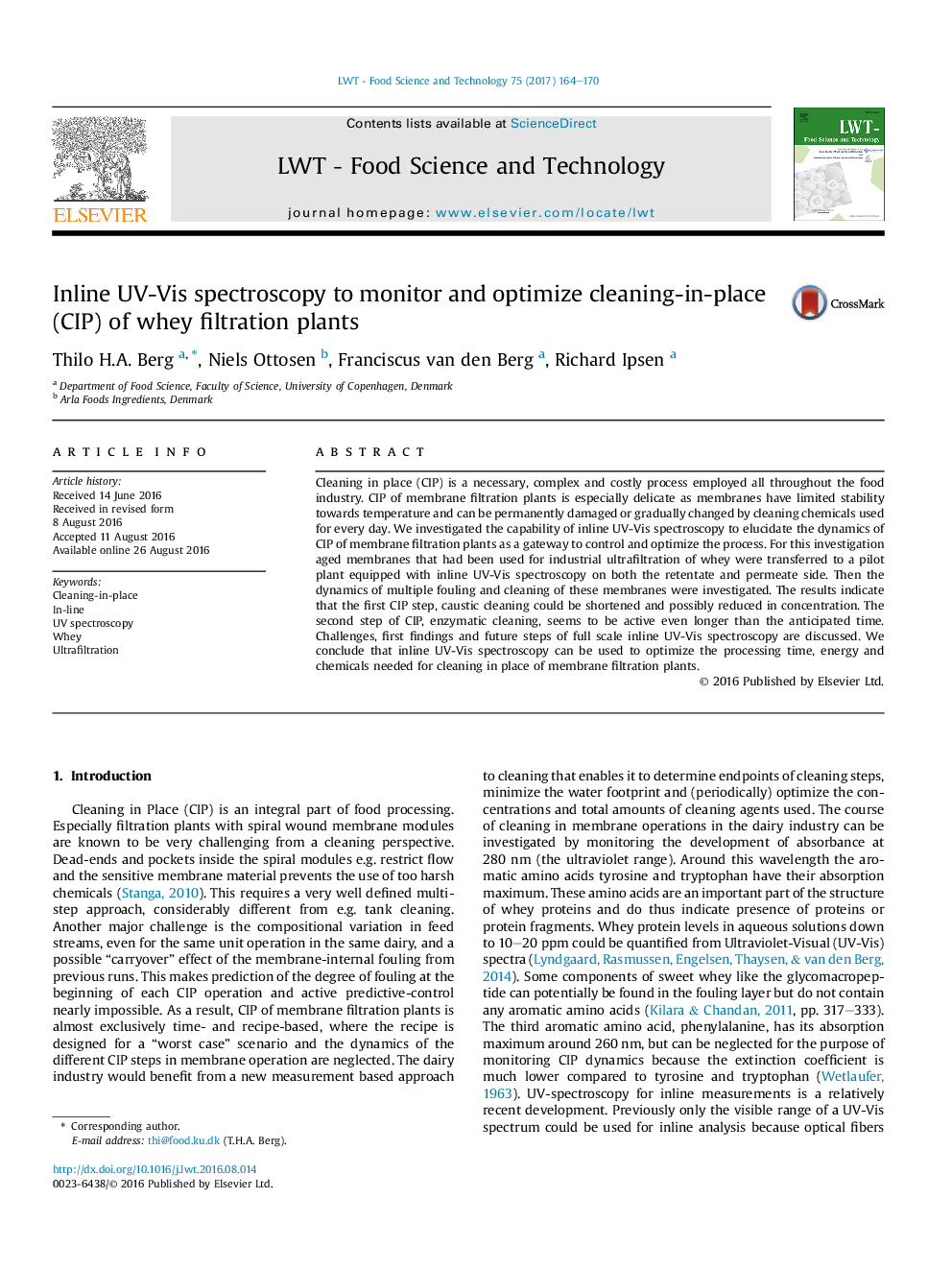 Inline UV-Vis spectroscopy to monitor and optimize cleaning-in-place (CIP) of whey filtration plants