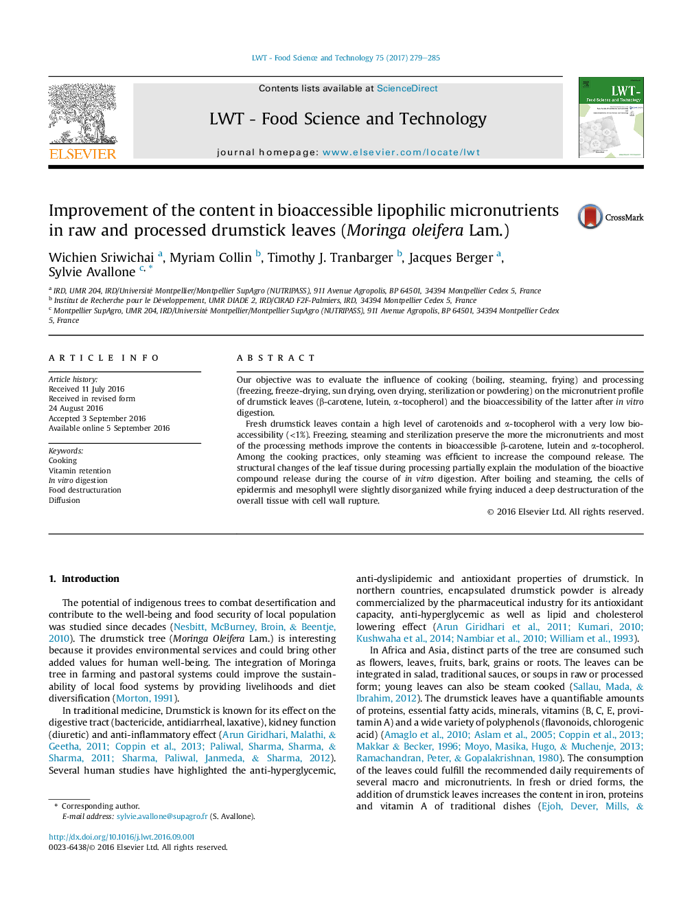 Improvement of the content in bioaccessible lipophilic micronutrients in raw and processed drumstick leaves (Moringa oleifera Lam.)