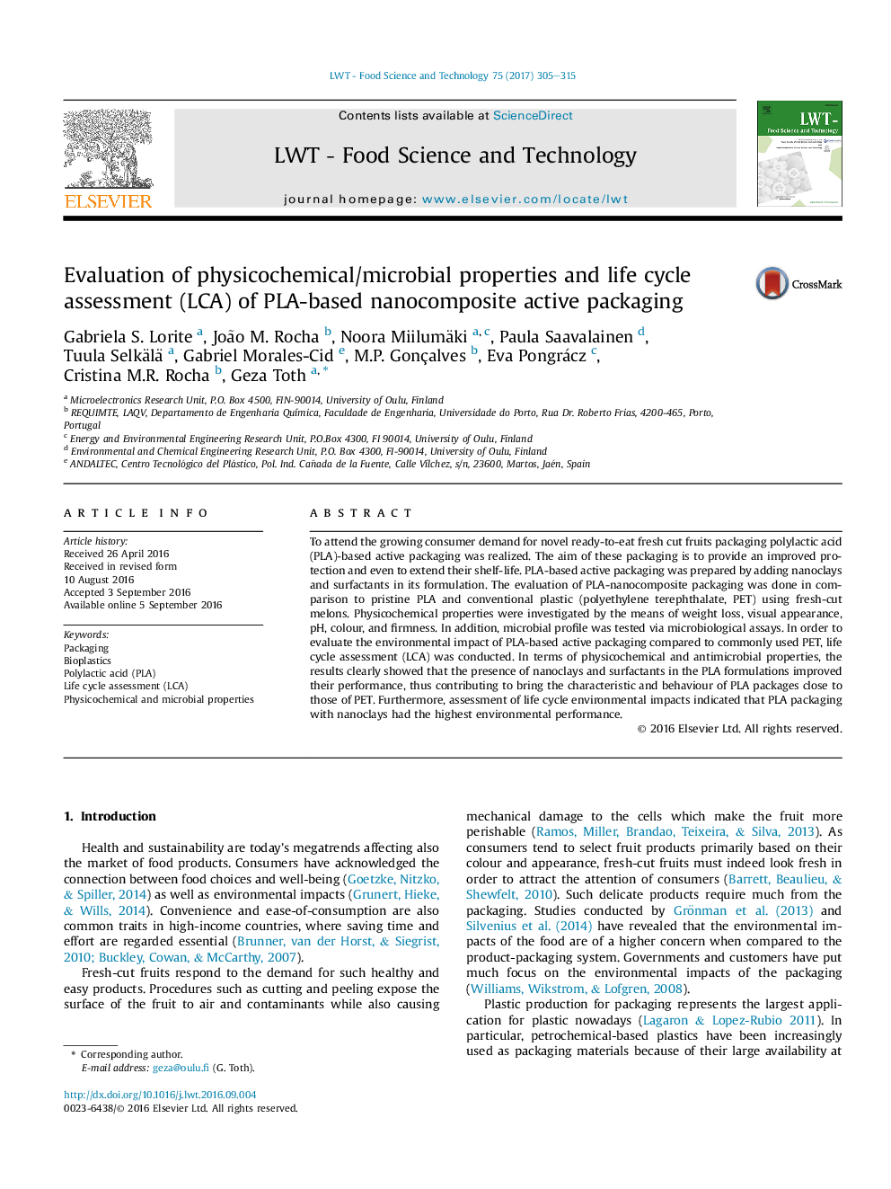 Evaluation of physicochemical/microbial properties and life cycle assessment (LCA) of PLA-based nanocomposite active packaging