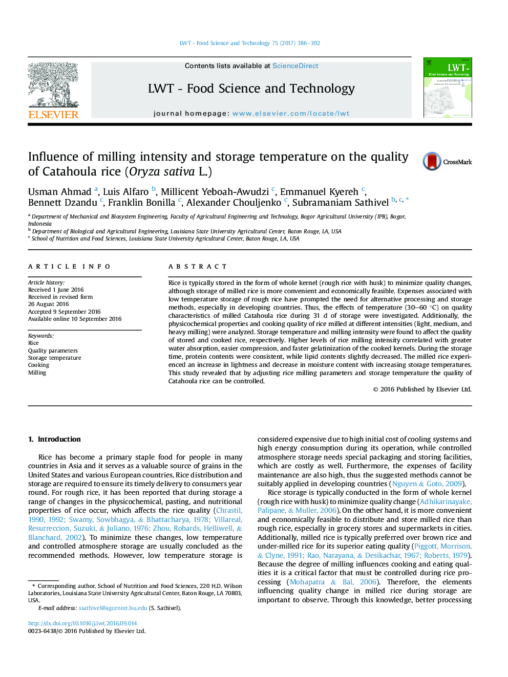 Influence of milling intensity and storage temperature on the quality of Catahoula rice (Oryza sativa L.)