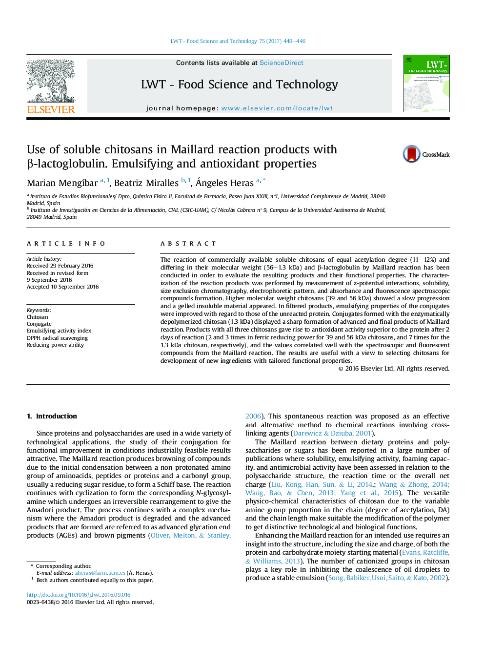 Use of soluble chitosans in Maillard reaction products with Î²-lactoglobulin. Emulsifying and antioxidant properties