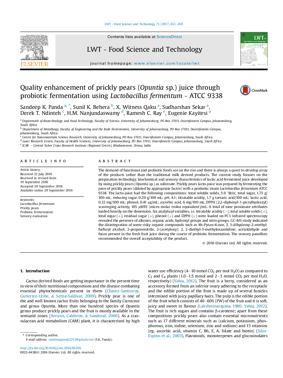 Quality enhancement of prickly pears (Opuntia sp.) juice through probiotic fermentation using Lactobacillus fermentum - ATCC 9338