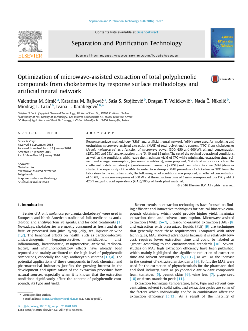 Optimization of microwave-assisted extraction of total polyphenolic compounds from chokeberries by response surface methodology and artificial neural network