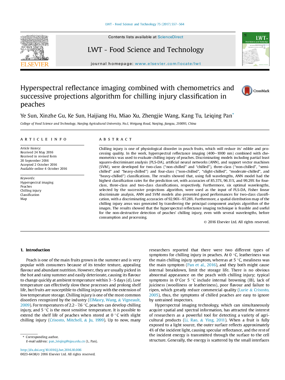 Hyperspectral reflectance imaging combined with chemometrics and successive projections algorithm for chilling injury classification in peaches