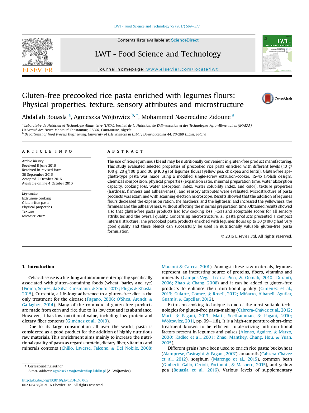 Gluten-free precooked rice pasta enriched with legumes flours: Physical properties, texture, sensory attributes and microstructure