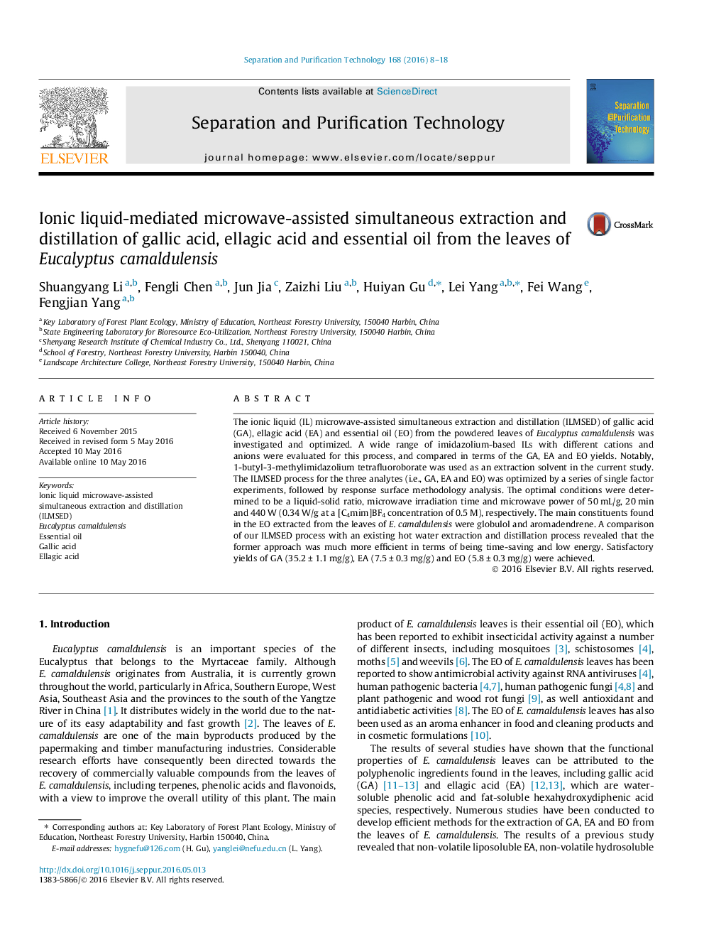 Ionic liquid-mediated microwave-assisted simultaneous extraction and distillation of gallic acid, ellagic acid and essential oil from the leaves of Eucalyptus camaldulensis