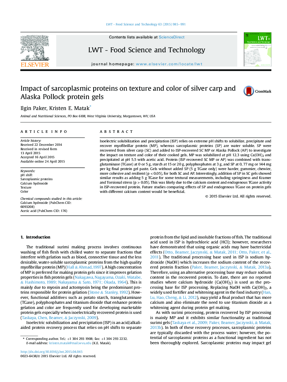 Impact of sarcoplasmic proteins on texture and color of silver carp and Alaska Pollock protein gels