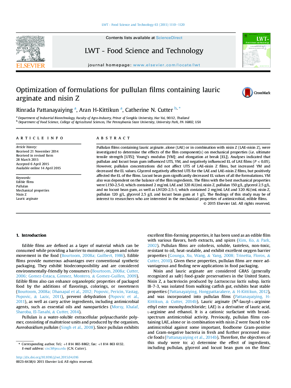 Optimization of formulations for pullulan films containing lauric arginate and nisin Z