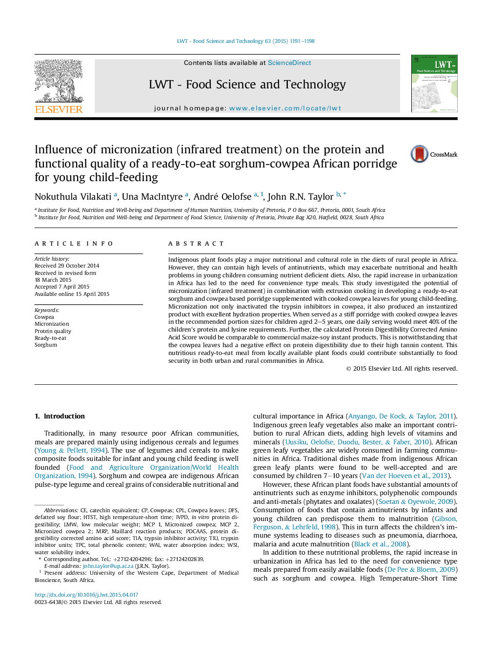 Influence of micronization (infrared treatment) on the protein and functional quality of a ready-to-eat sorghum-cowpea African porridge for young child-feeding