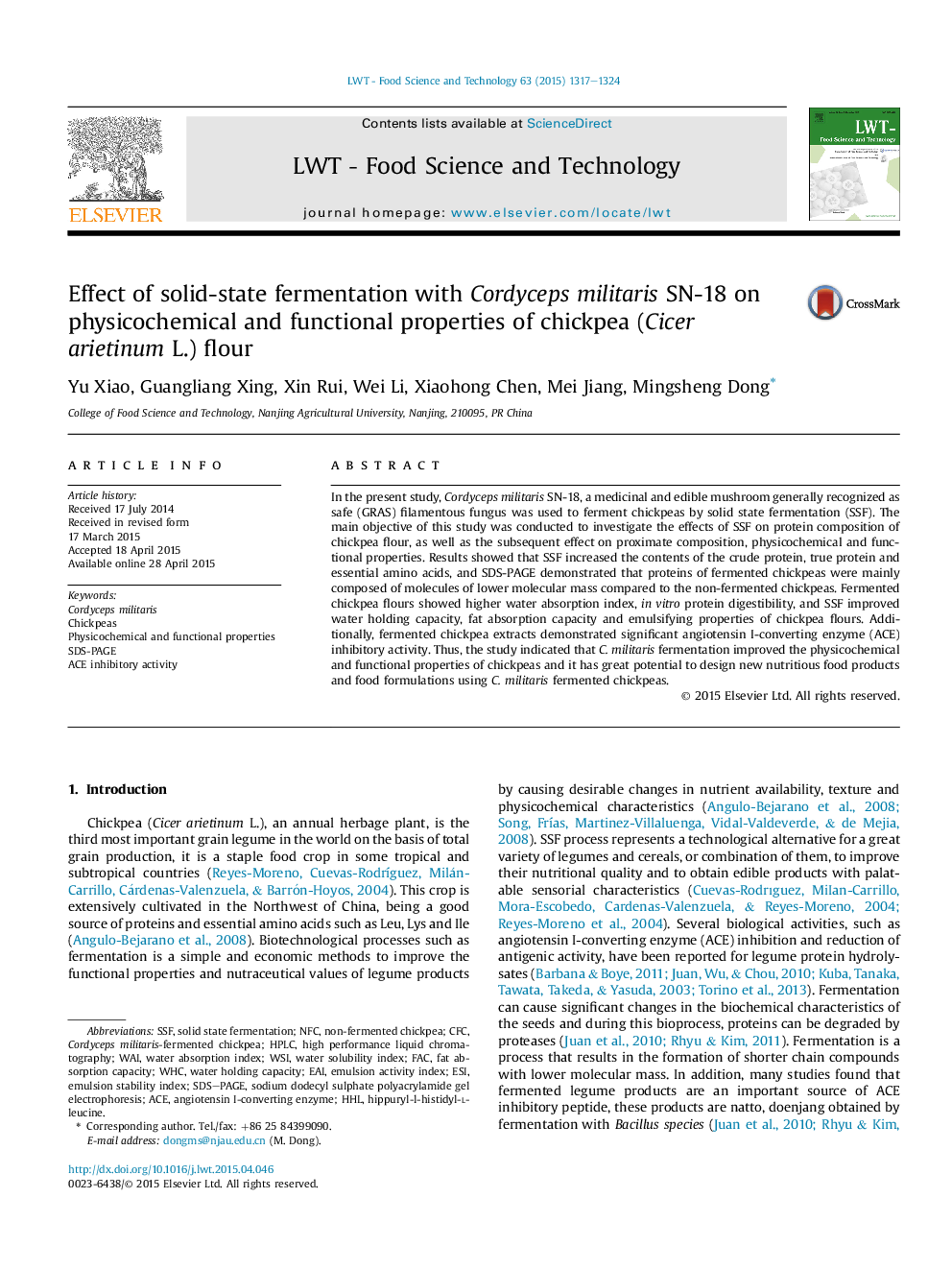 Effect of solid-state fermentation with Cordyceps militaris SN-18 on physicochemical and functional properties of chickpea (Cicer arietinum L.) flour