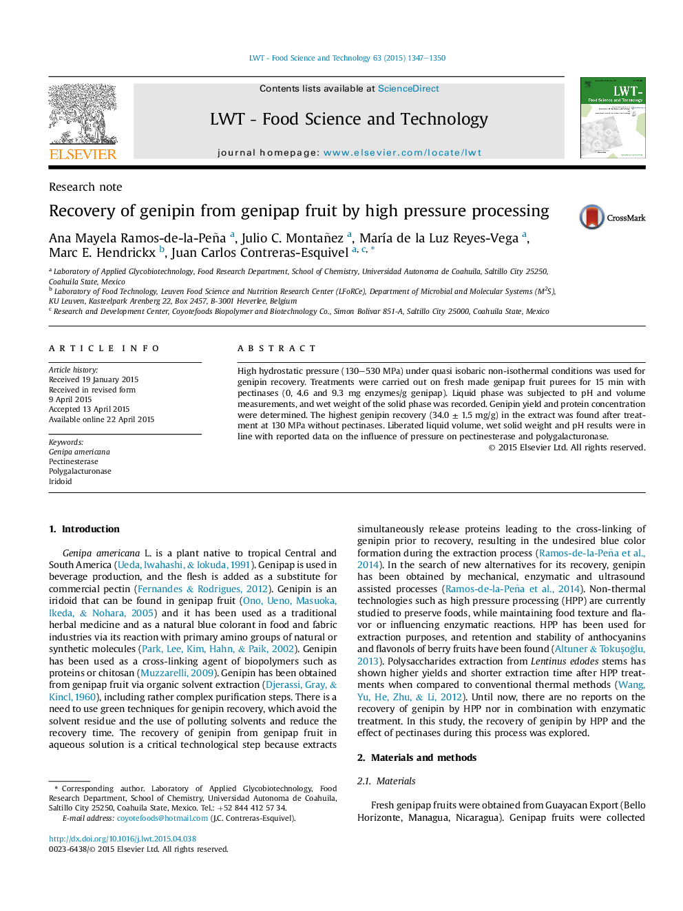 Research noteRecovery of genipin from genipap fruit by high pressure processing