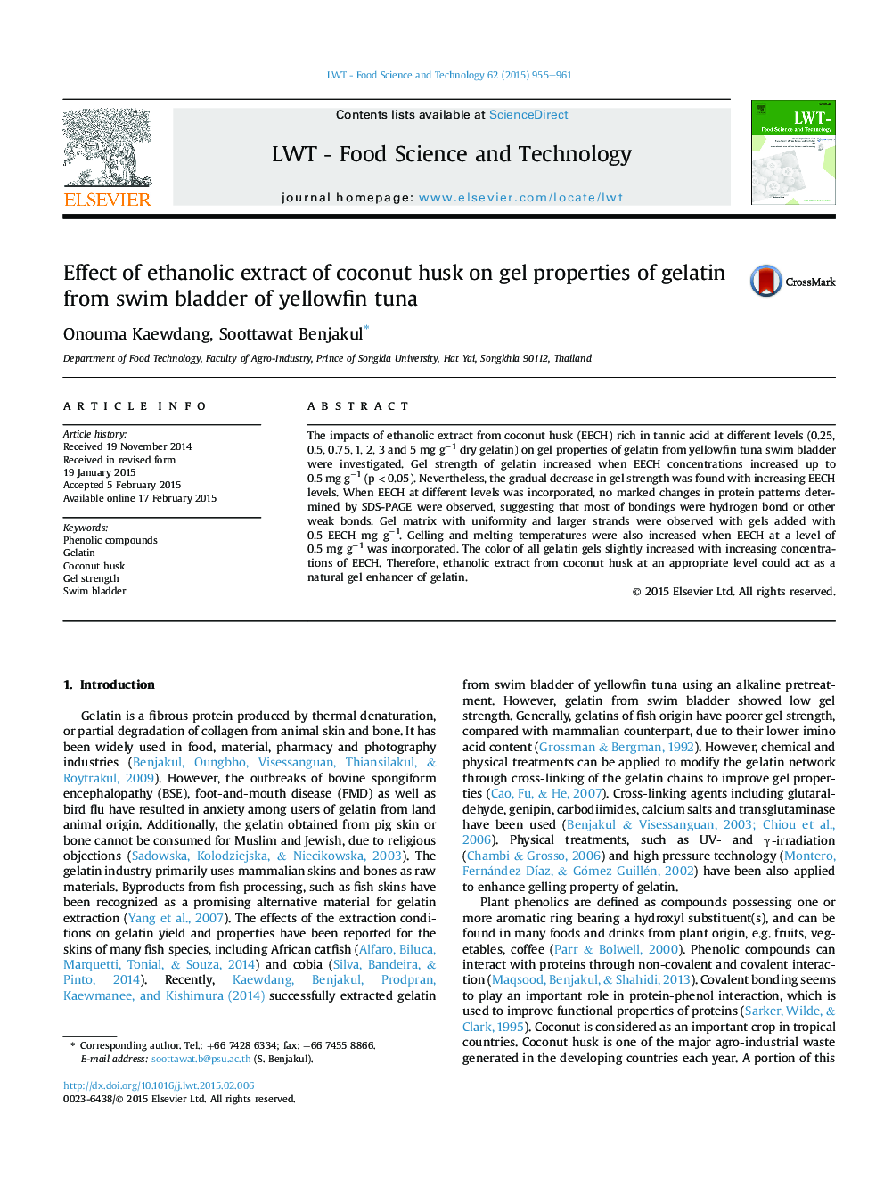 Effect of ethanolic extract of coconut husk on gel properties of gelatin from swim bladder of yellowfin tuna