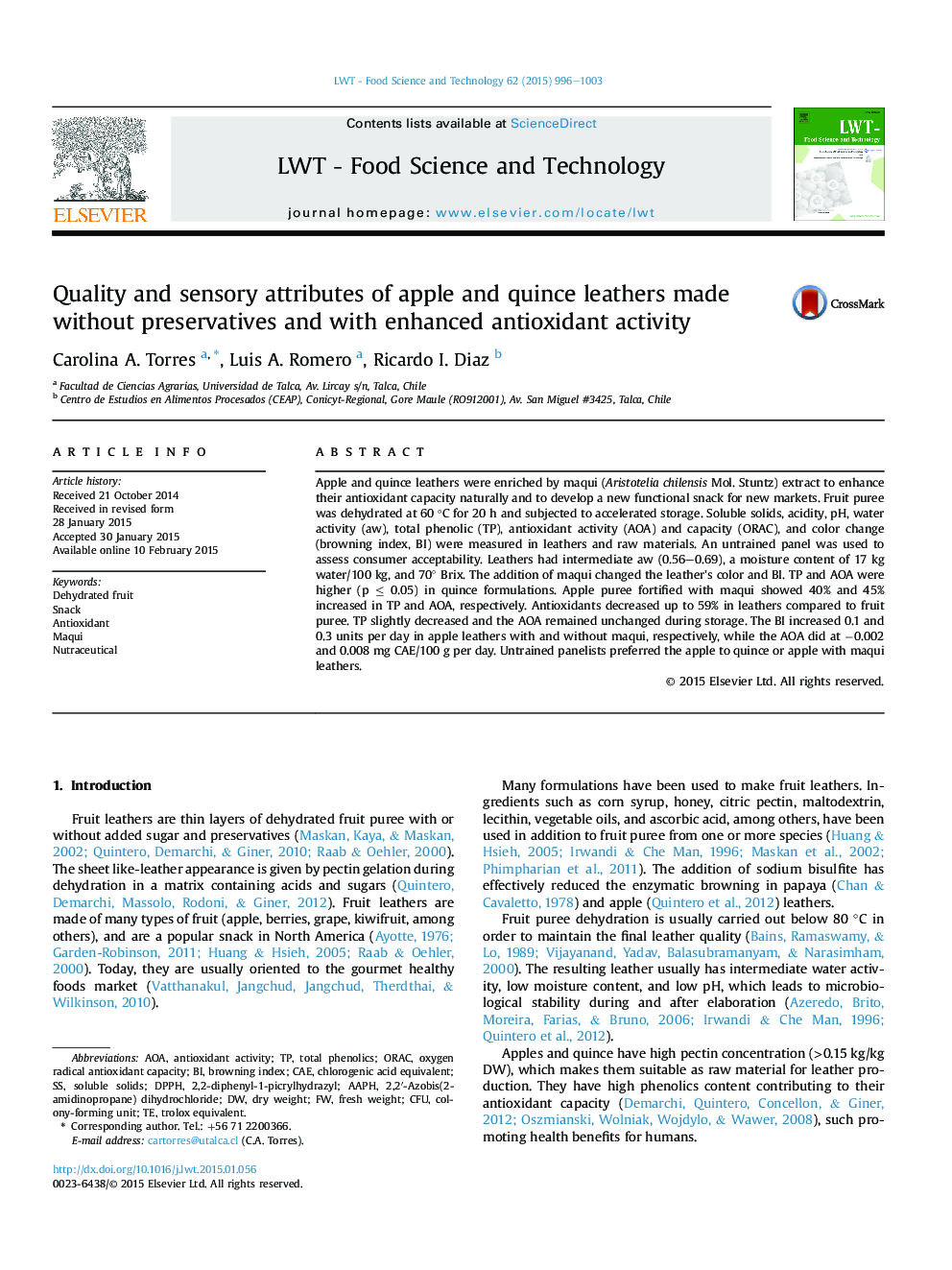 Quality and sensory attributes of apple and quince leathers made without preservatives and with enhanced antioxidant activity