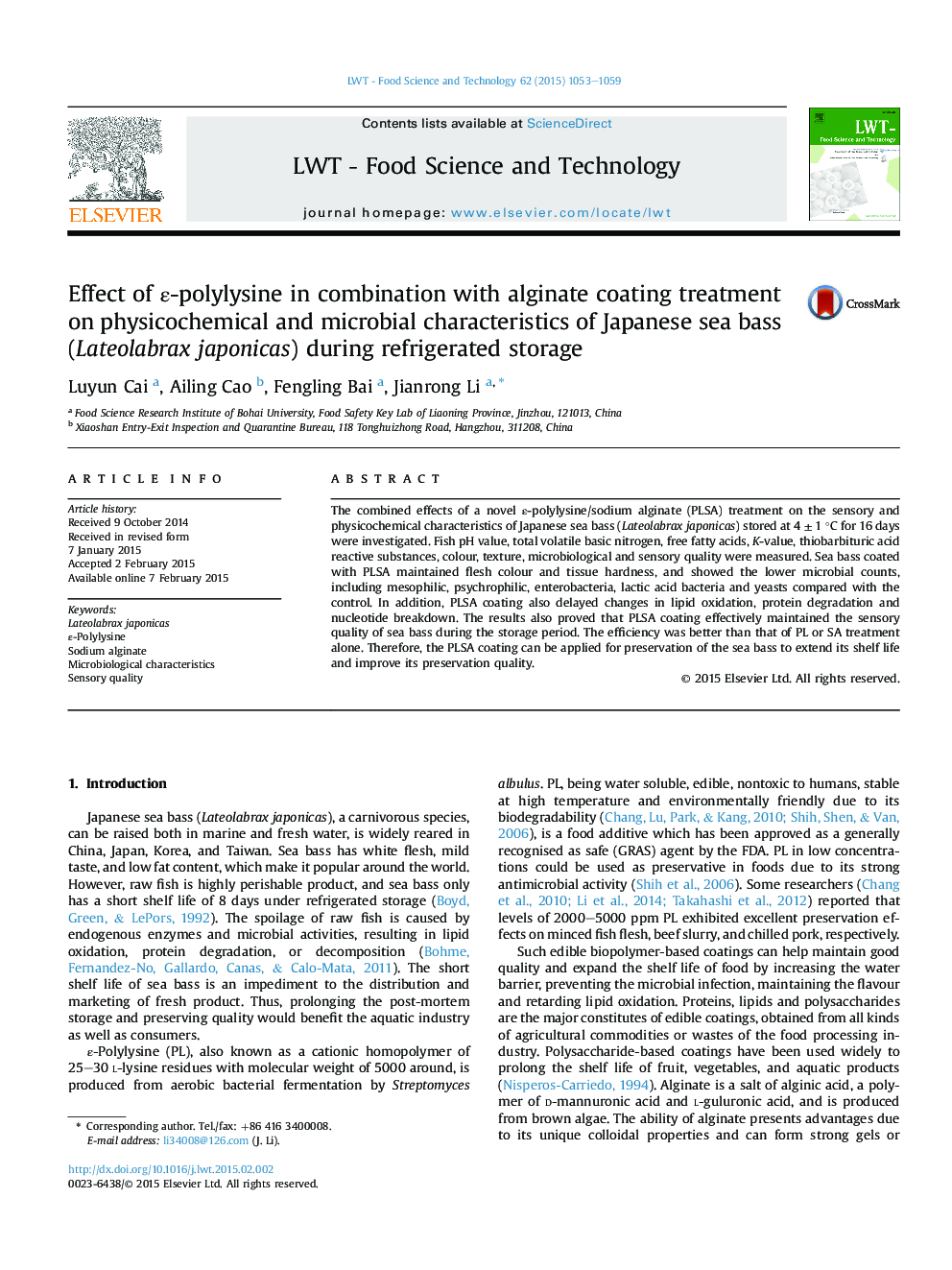 Effect of Îµ-polylysine in combination with alginate coating treatment on physicochemical and microbial characteristics of Japanese sea bass (Lateolabrax japonicas) during refrigerated storage