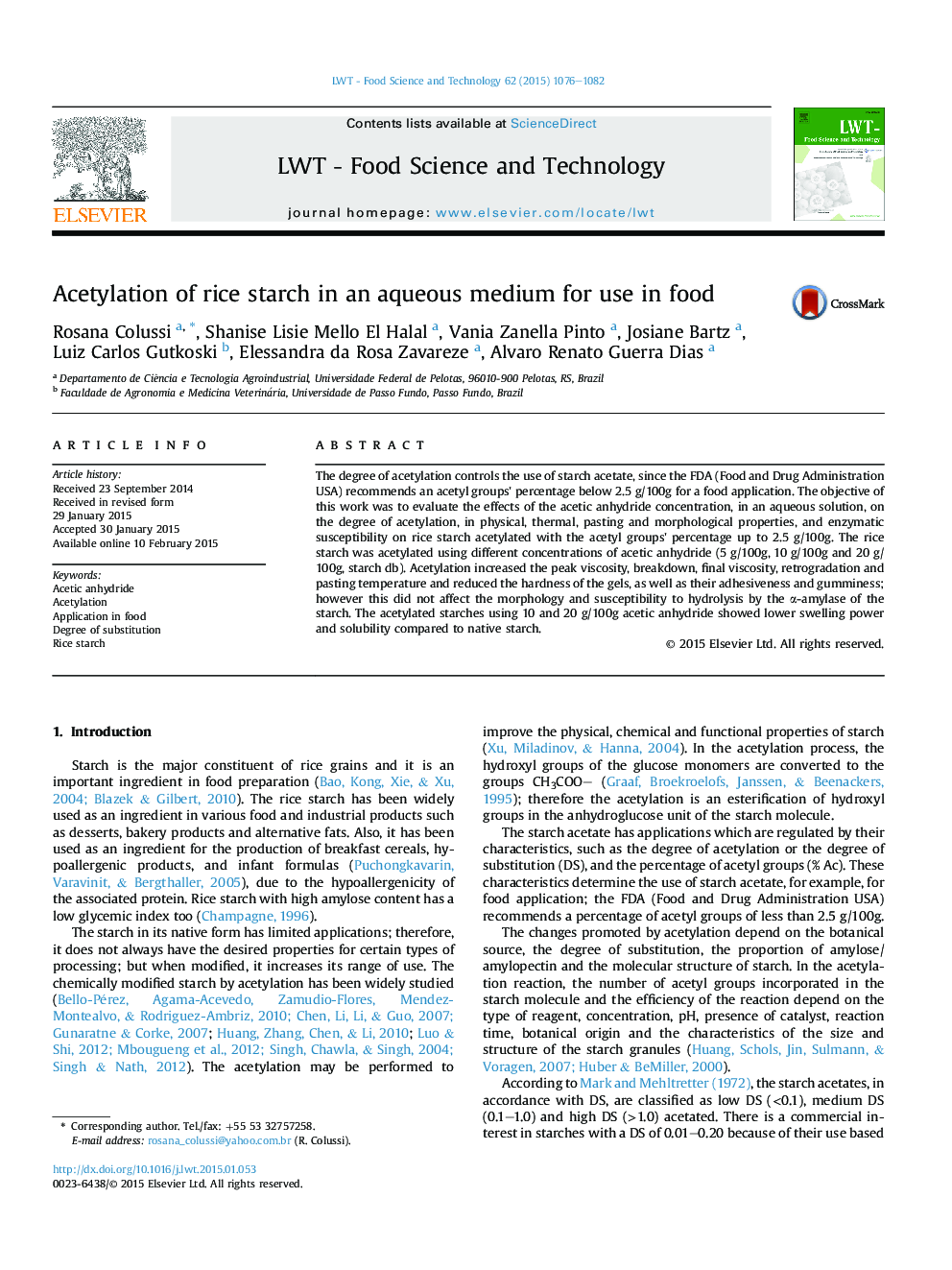 Acetylation of rice starch in an aqueous medium for use in food