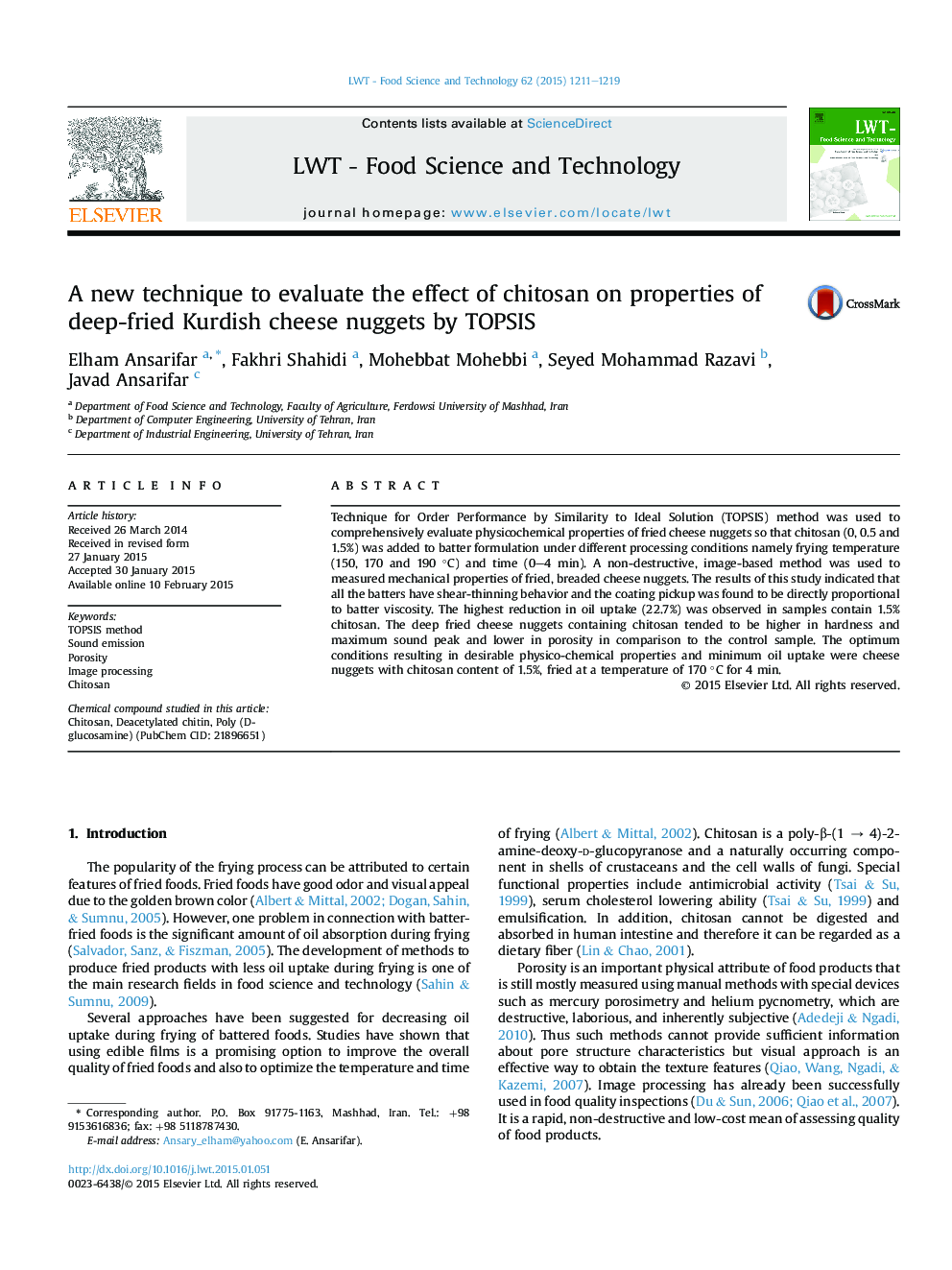 A new technique to evaluate the effect of chitosan on properties of deep-fried Kurdish cheese nuggets by TOPSIS