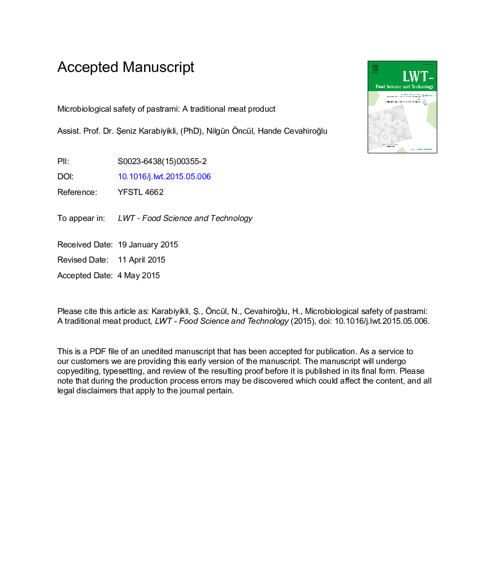 Microbiological safety of pastrami: A traditional meat product