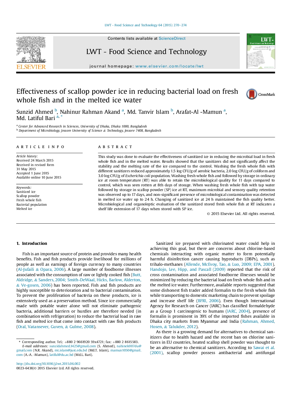 Effectiveness of scallop powder ice in reducing bacterial load on fresh whole fish and in the melted ice water