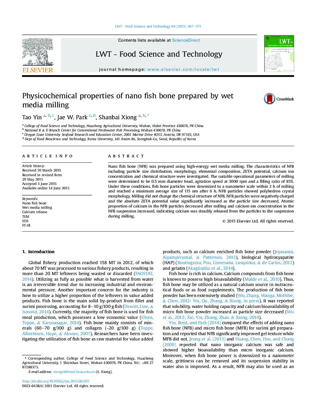 Physicochemical properties of nano fish bone prepared by wet mediaÂ milling