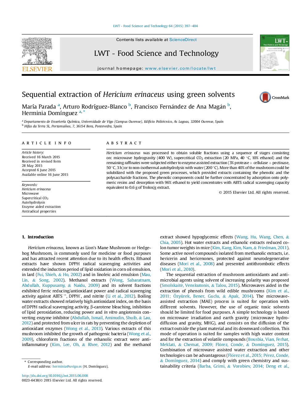 Sequential extraction of Hericium erinaceus using green solvents