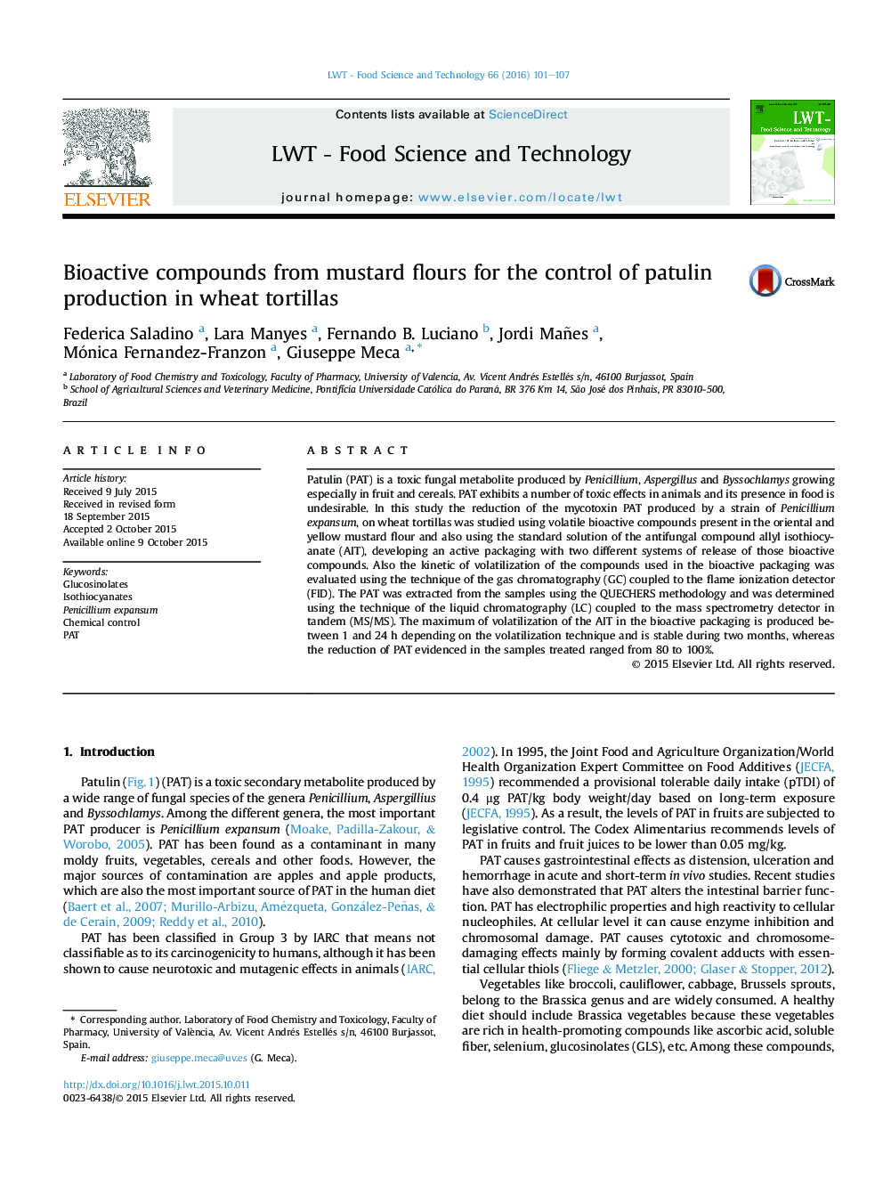 Bioactive compounds from mustard flours for the control of patulin production in wheat tortillas