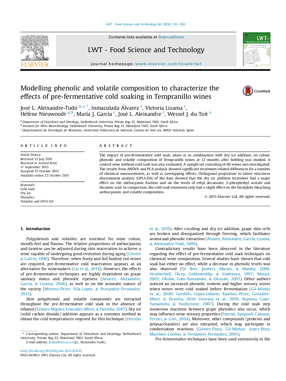 Modelling phenolic and volatile composition to characterize the effects of pre-fermentative cold soaking in Tempranillo wines