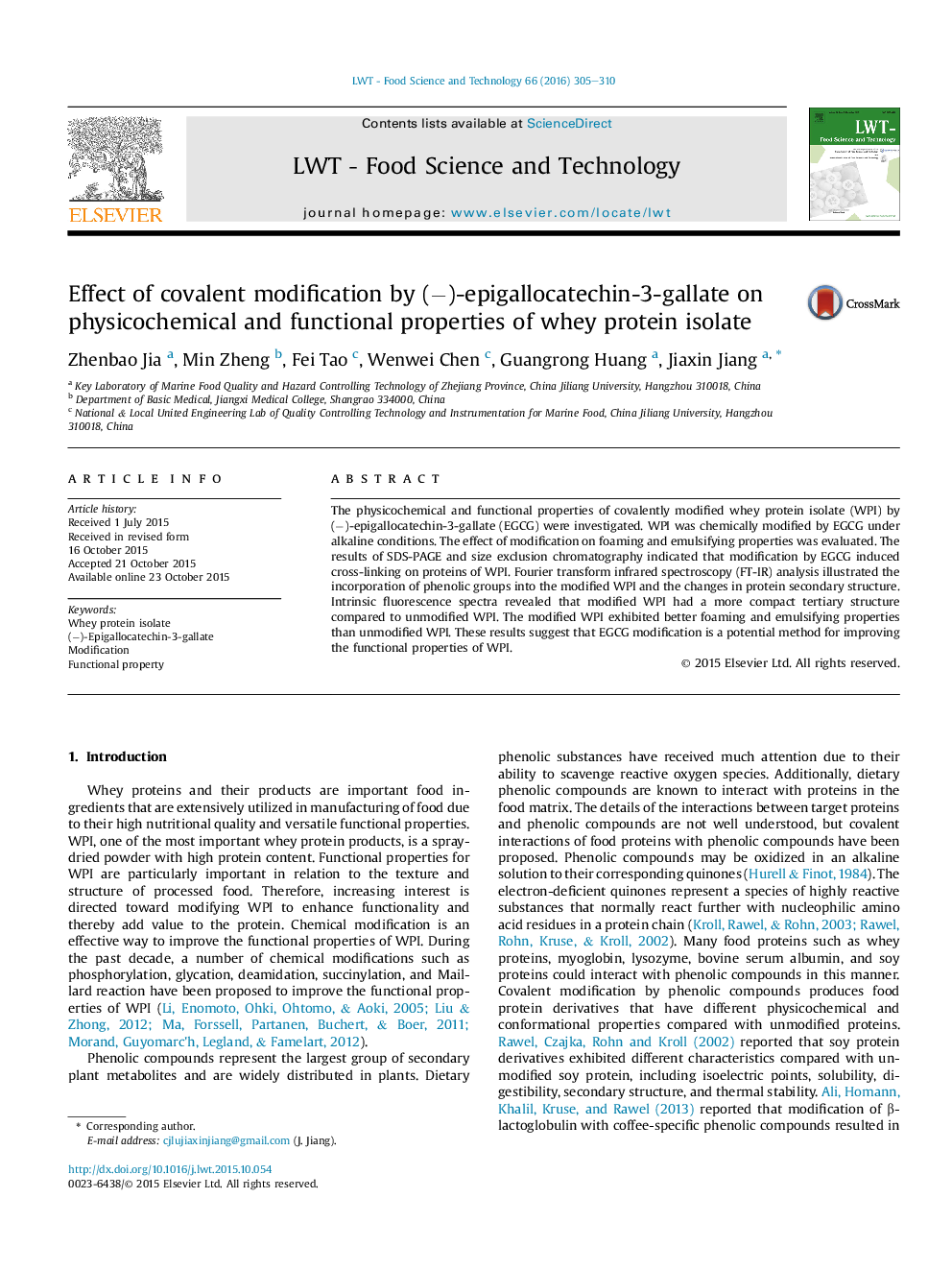 Effect of covalent modification by (â)-epigallocatechin-3-gallate on physicochemical and functional properties of whey protein isolate