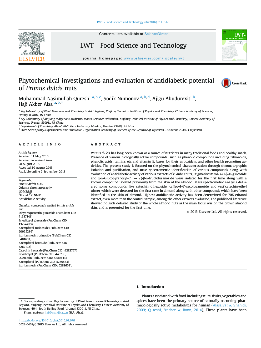 Phytochemical investigations and evaluation of antidiabetic potential of Prunus dulcis nuts