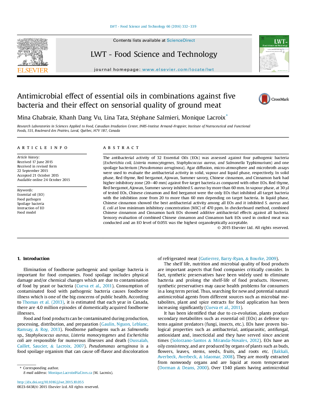 Antimicrobial effect of essential oils in combinations against five bacteria and their effect on sensorial quality of ground meat