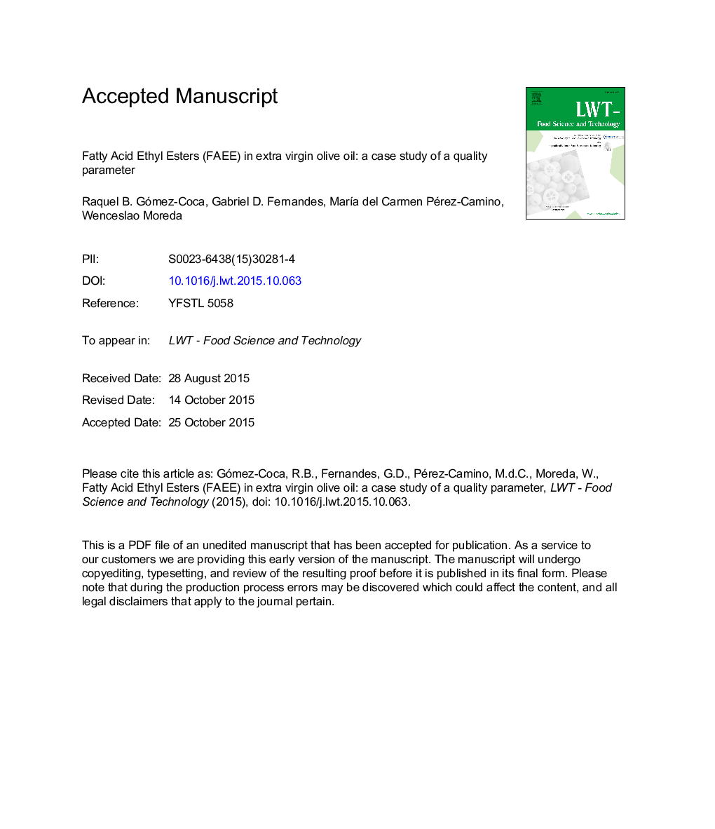 Fatty acid ethyl esters (FAEE) in extra virgin olive oil: A case study of a quality parameter