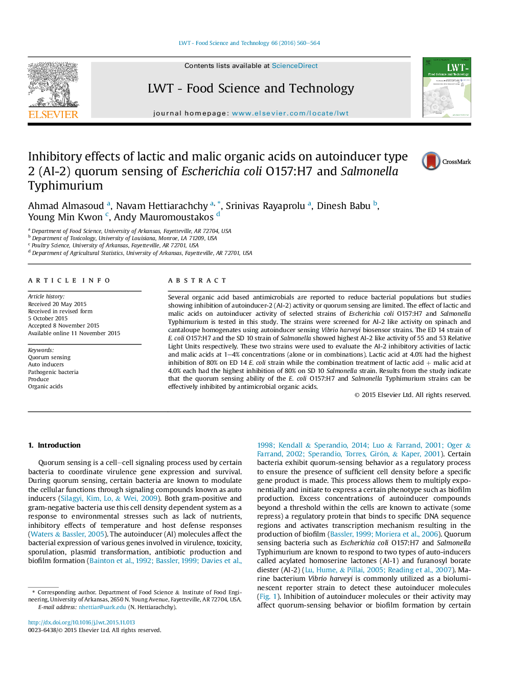 Inhibitory effects of lactic and malic organic acids on autoinducer type 2 (AI-2) quorum sensing of Escherichia coli O157:H7 and Salmonella Typhimurium