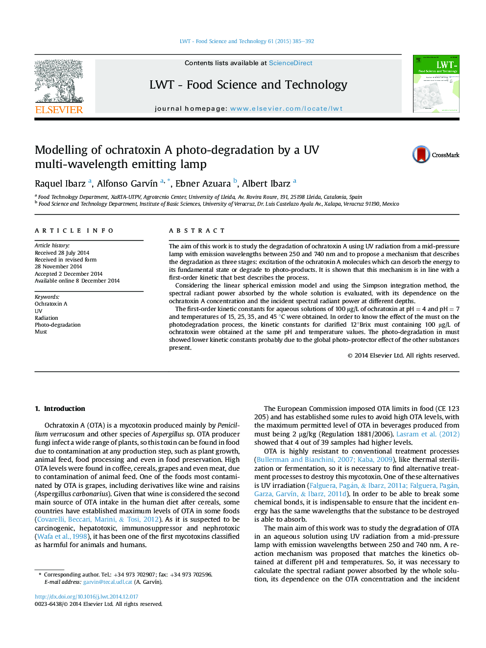 Modelling of ochratoxin A photo-degradation by a UV multi-wavelength emitting lamp