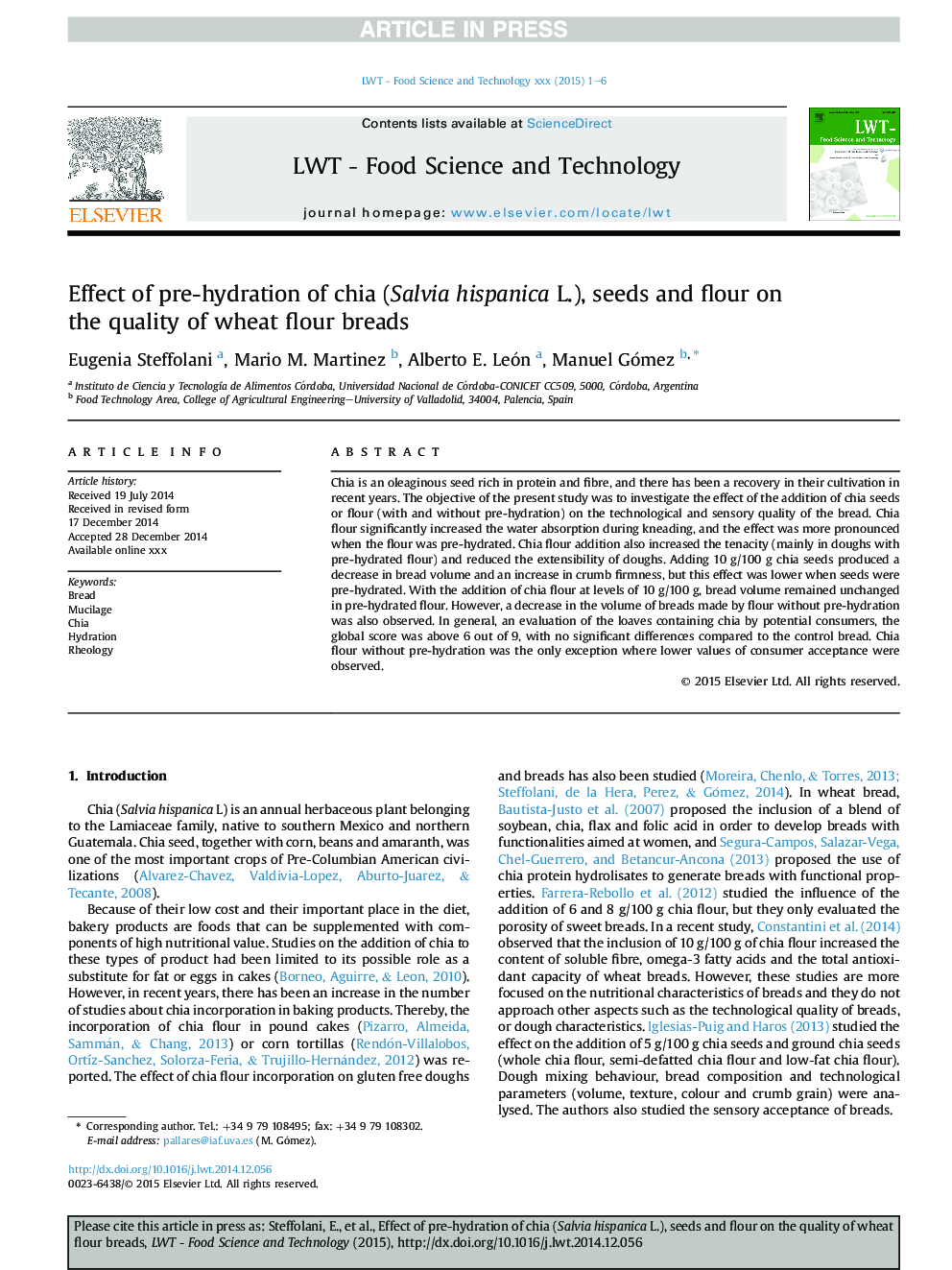 Effect of pre-hydration of chia (Salvia hispanica L.), seeds and flour on the quality of wheat flour breads