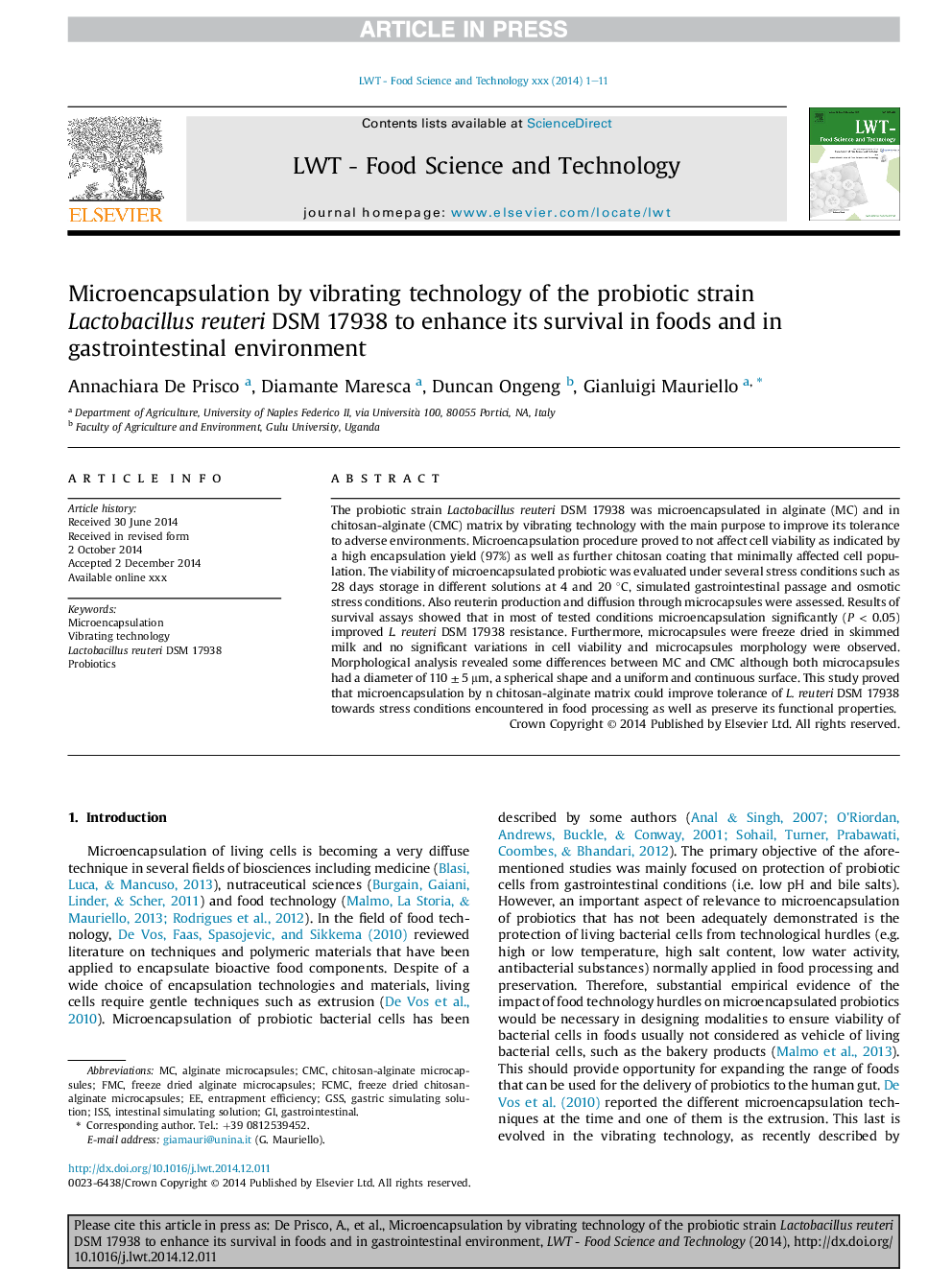 Microencapsulation by vibrating technology of the probiotic strain Lactobacillus reuteri DSM 17938 to enhance its survival in foods and in gastrointestinal environment