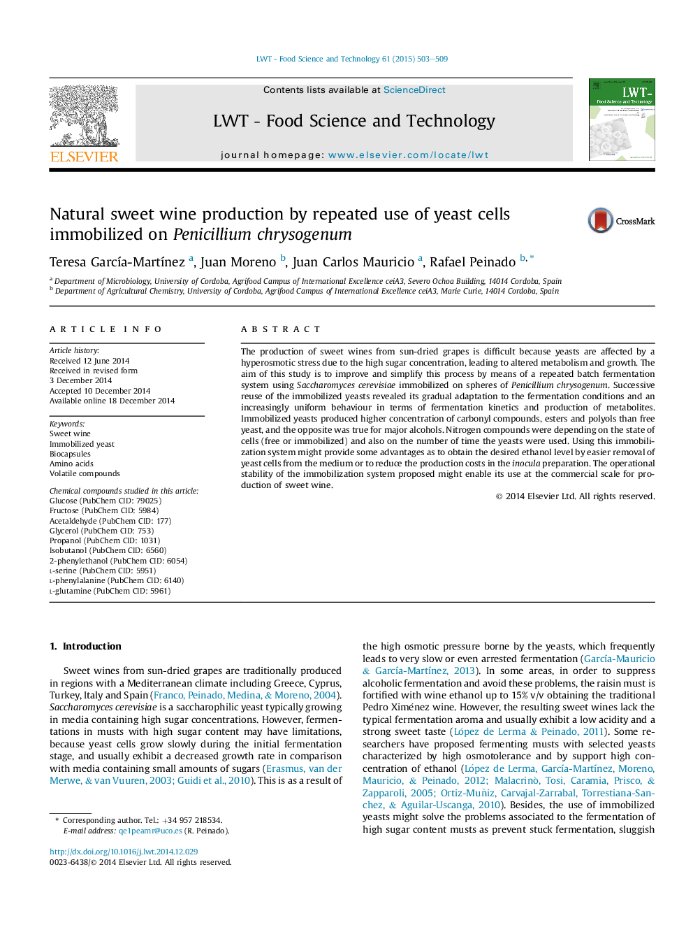 Natural sweet wine production by repeated use of yeast cells immobilized on Penicillium chrysogenum