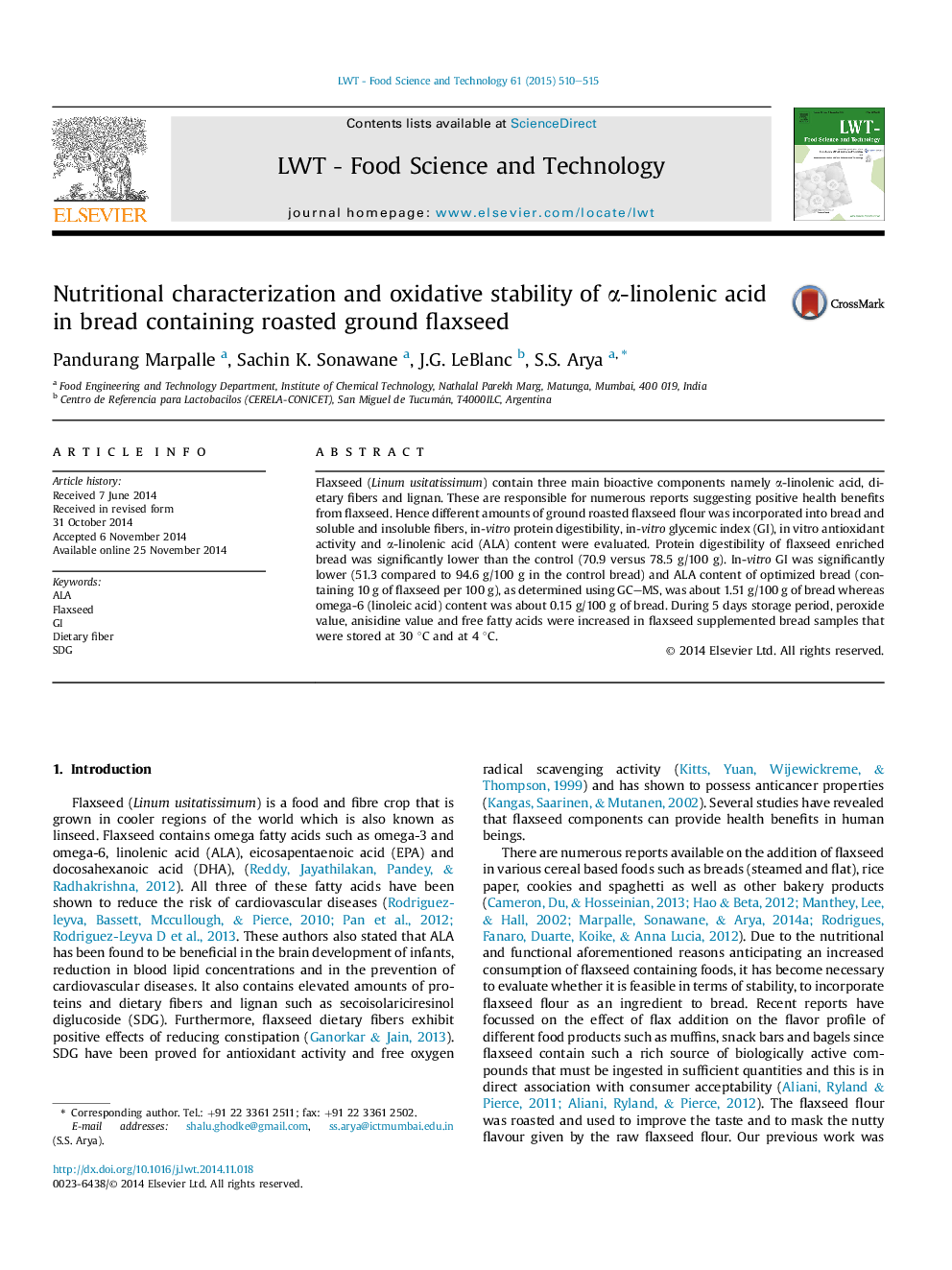 Nutritional characterization and oxidative stability of Î±-linolenic acid in bread containing roasted ground flaxseed