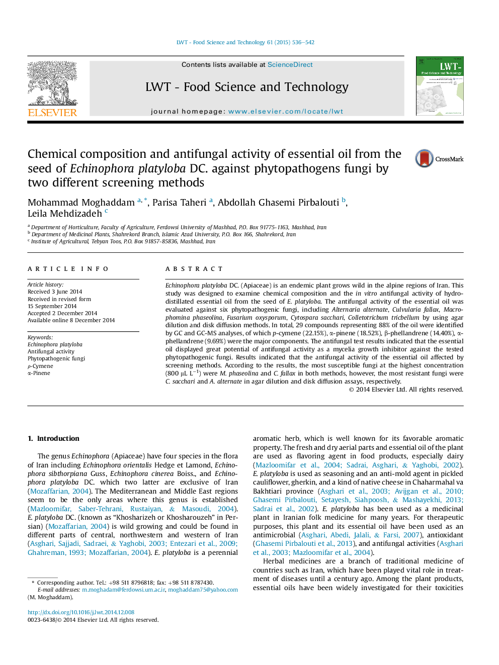 Chemical composition and antifungal activity of essential oil from the seed of Echinophora platyloba DC. against phytopathogens fungi by two different screening methods