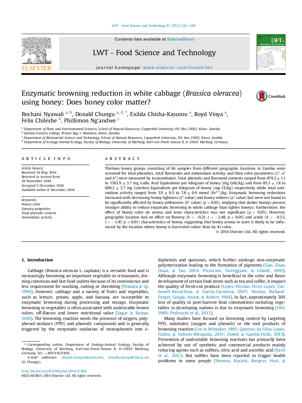 Enzymatic browning reduction in white cabbage (Brassica oleracea) using honey: Does honey color matter?