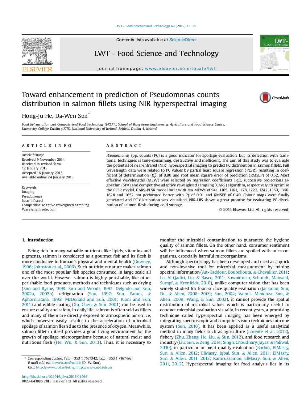 Toward enhancement in prediction of Pseudomonas counts distribution in salmon fillets using NIR hyperspectral imaging