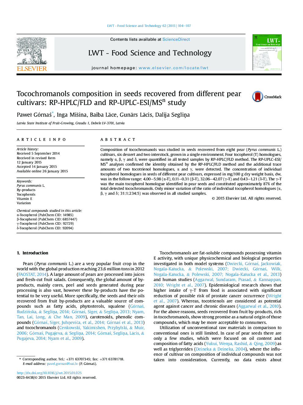 Tocochromanols composition in seeds recovered from different pear cultivars: RP-HPLC/FLD and RP-UPLC-ESI/MSn study