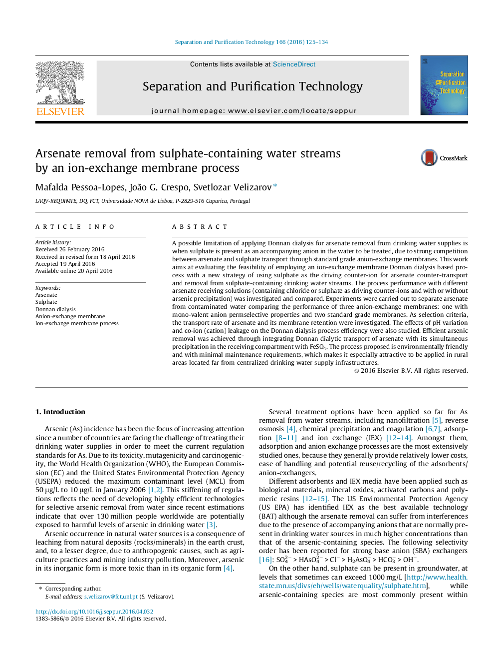 Arsenate removal from sulphate-containing water streams by an ion-exchange membrane process