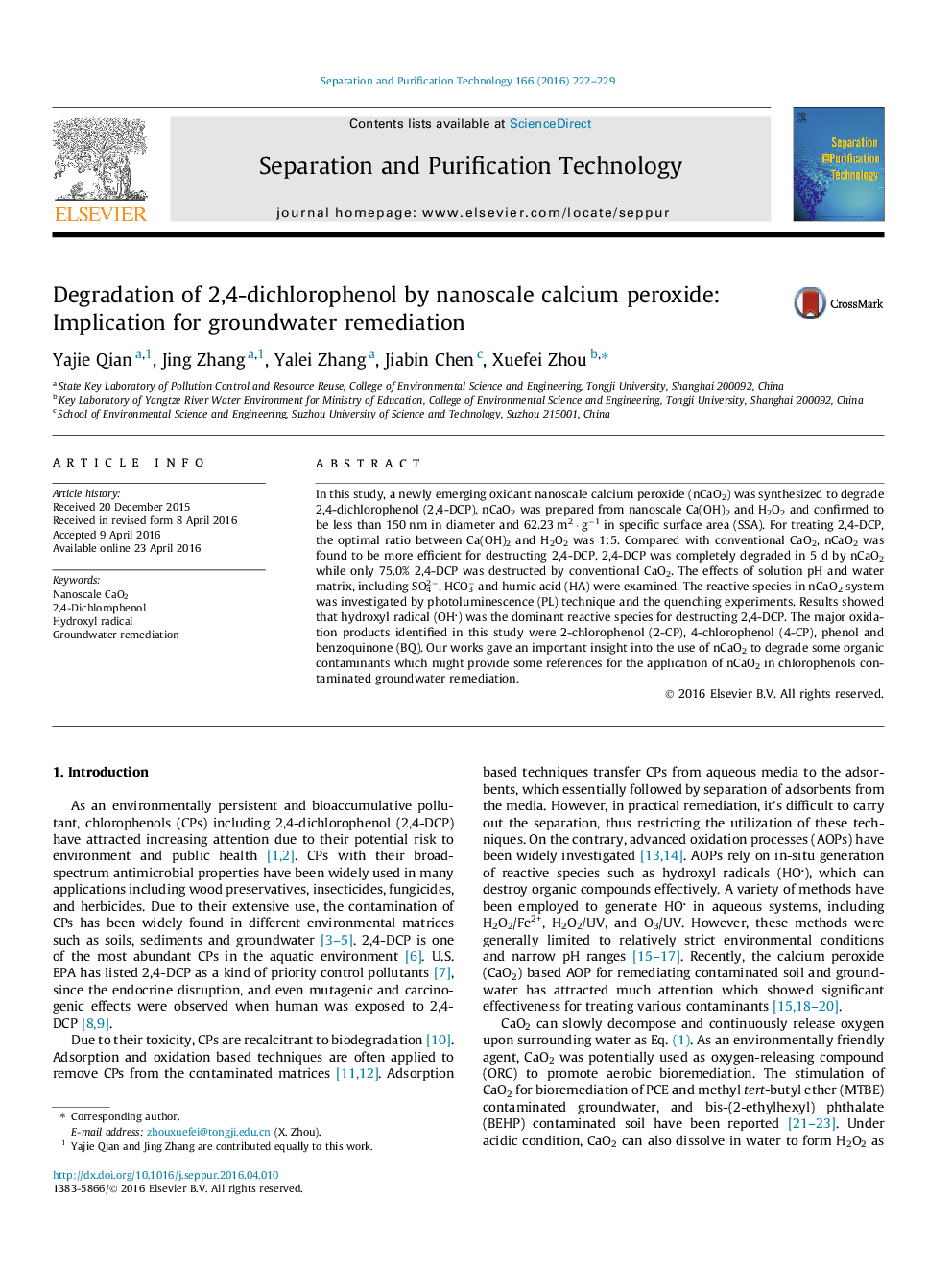 Degradation of 2,4-dichlorophenol by nanoscale calcium peroxide: Implication for groundwater remediation